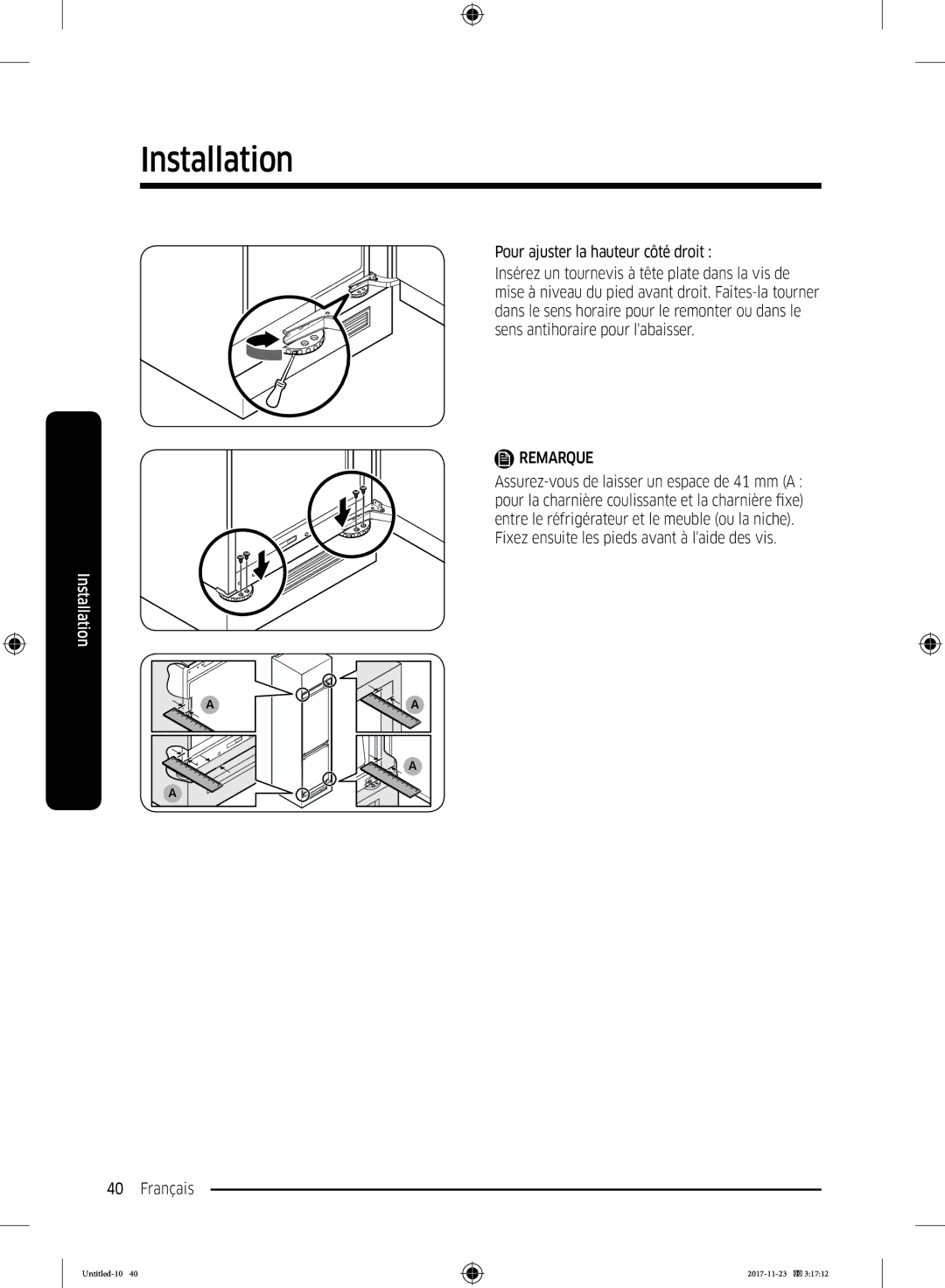 Samsung BRB260087WW/EF, BRB260000WW/EF, BRB260130WW/EF manual Fixez ensuite les pieds avant à laide des vis Français 