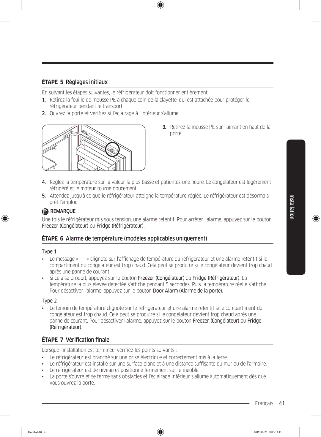 Samsung BRB260000WW/EF, BRB260087WW/EF, BRB260130WW/EF manual Étape 5 Réglages initiaux, Étape 7 Vérification finale 