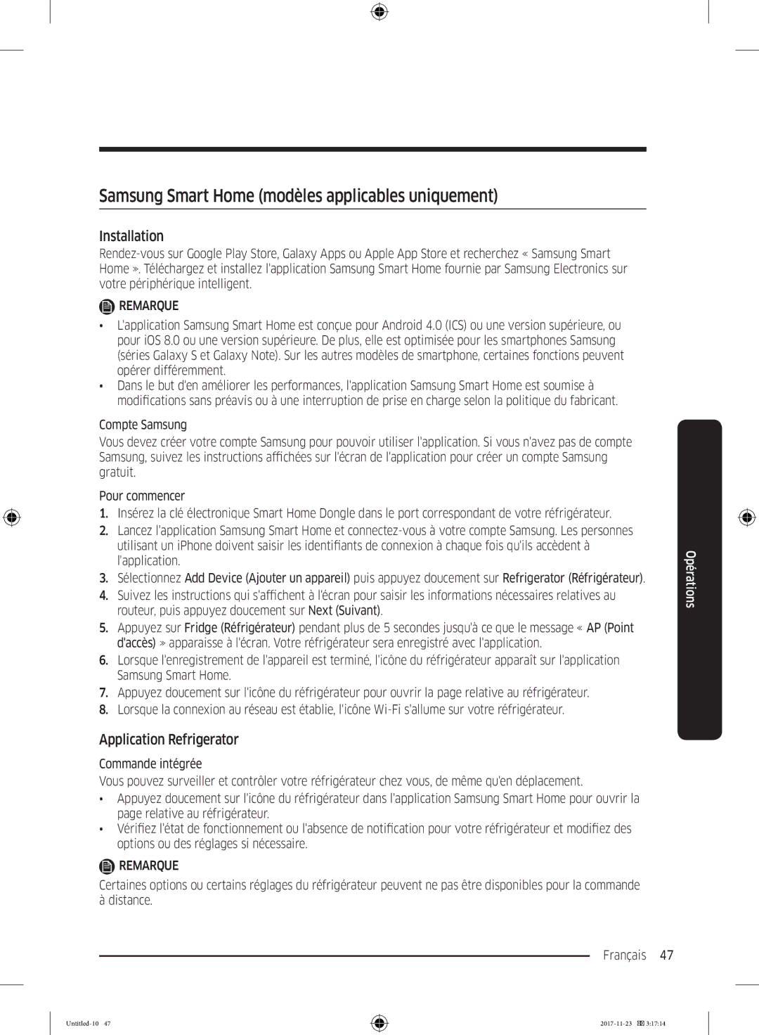 Samsung BRB260030WW/EF, BRB260087WW/EF manual Samsung Smart Home modèles applicables uniquement, Application Refrigerator 