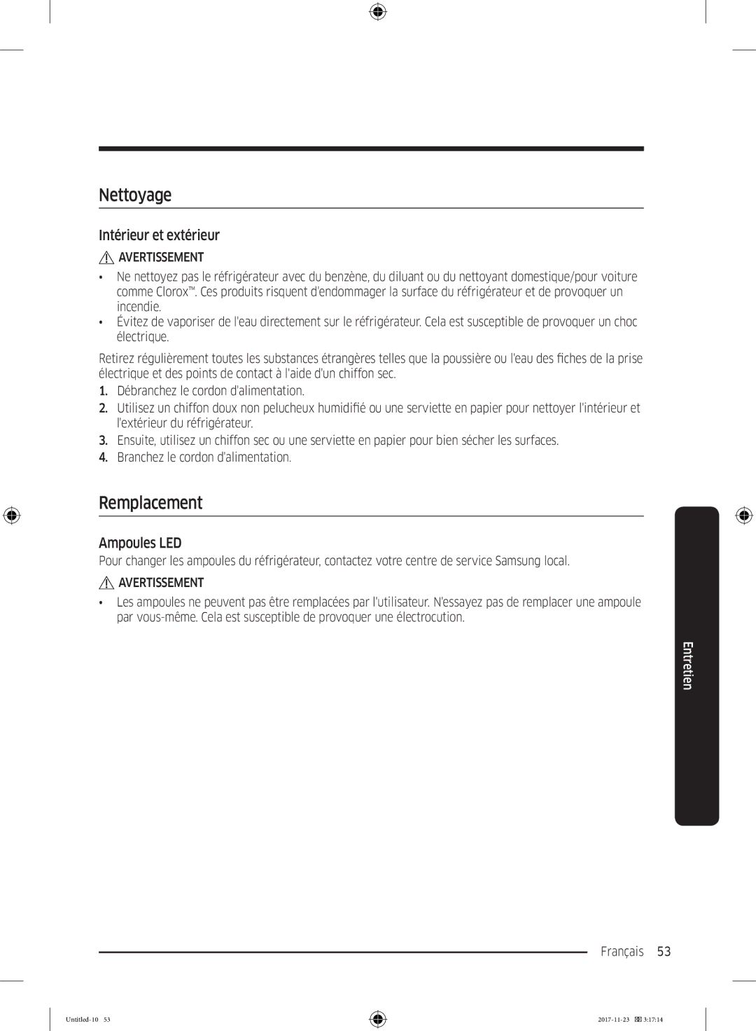 Samsung BRB260034WW/EF, BRB260087WW/EF, BRB260000WW/EF manual Nettoyage, Remplacement, Intérieur et extérieur, Ampoules LED 