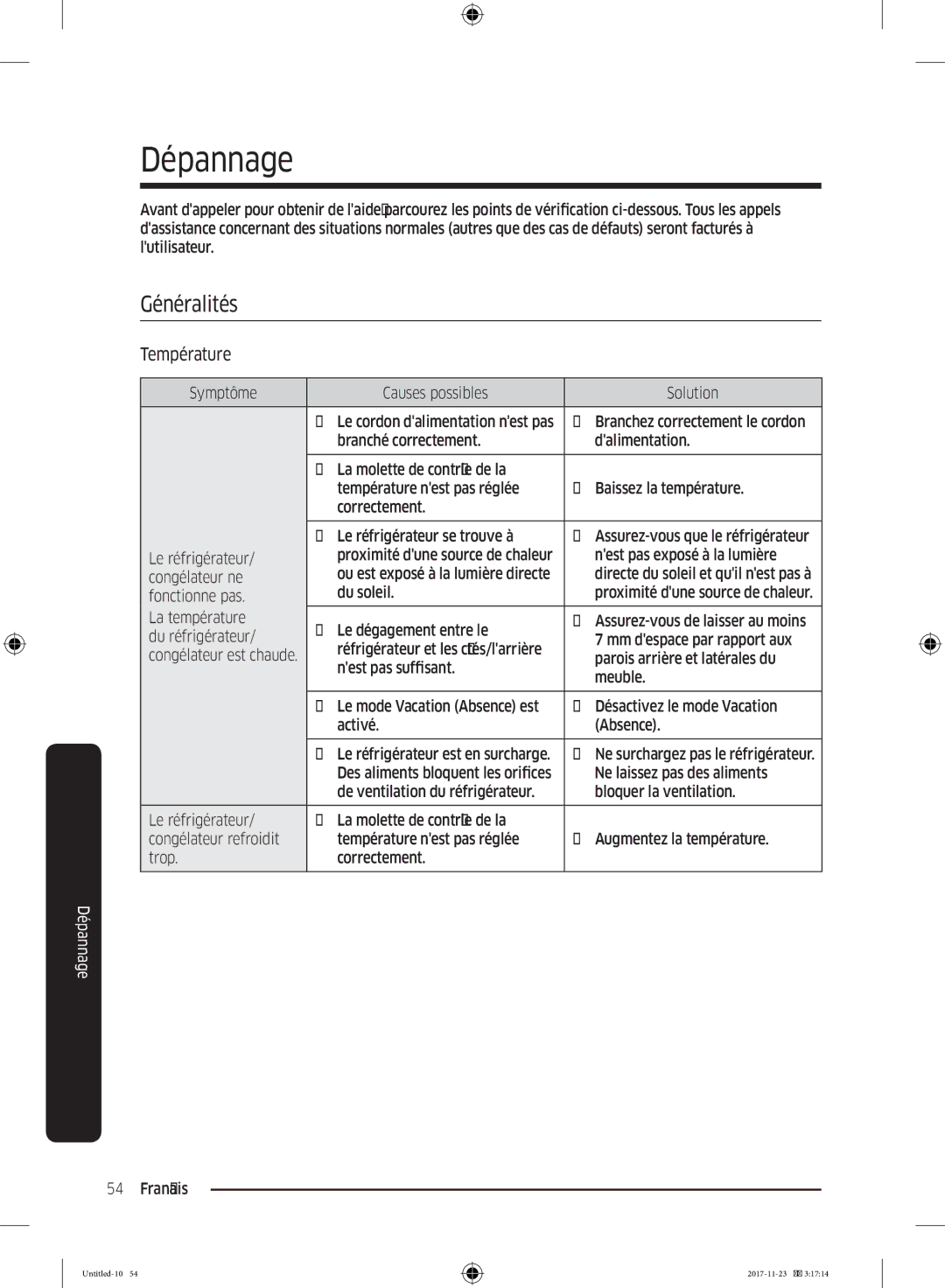 Samsung BRB260076WW/EF, BRB260087WW/EF, BRB260000WW/EF, BRB260130WW/EF, BRB260034WW/EF manual Généralités, Température 