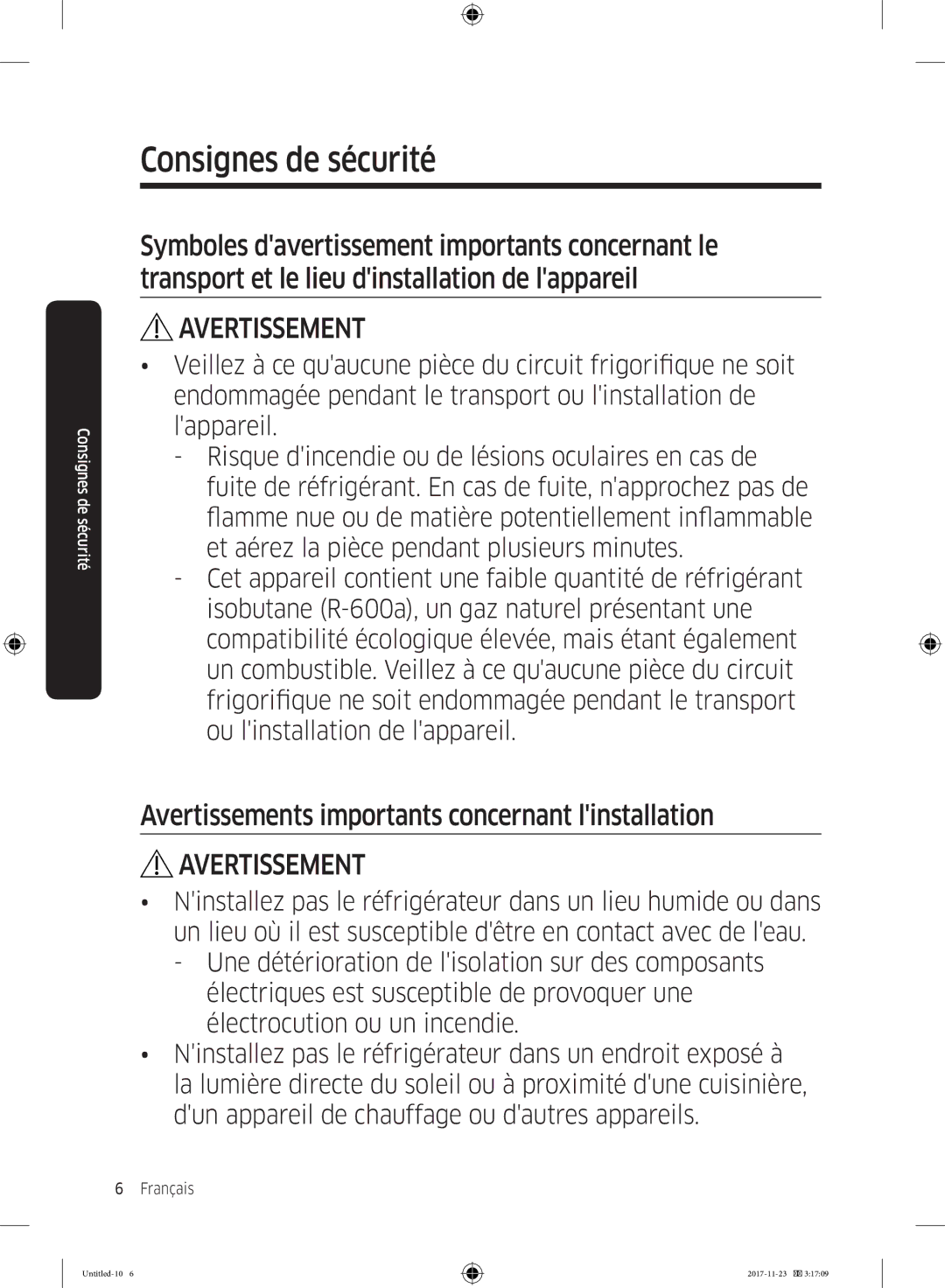 Samsung BRB260035WW/EF, BRB260087WW/EF, BRB260000WW/EF, BRB260130WW/EF Avertissements importants concernant linstallation 