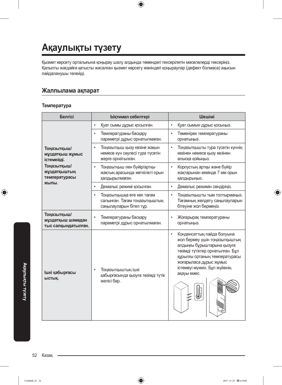 Samsung BRB260087WW/WT, BRB260030WW/WT manual Ақаулықты түзету, Жалпылама ақпарат Температура 