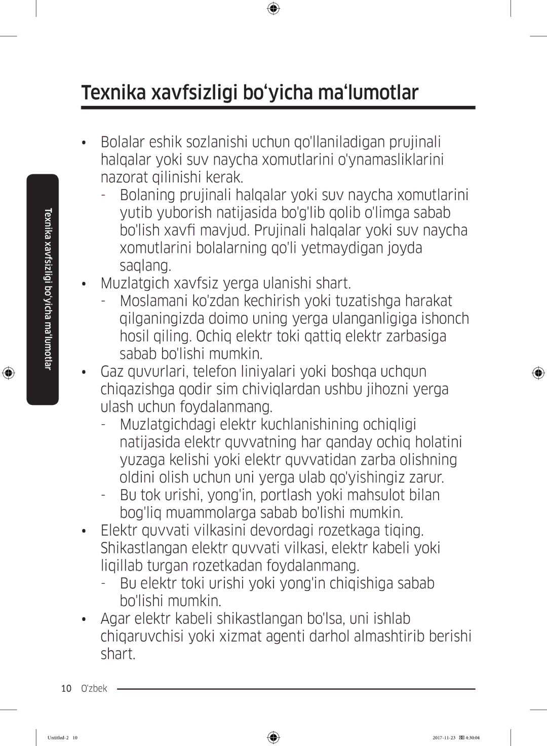 Samsung BRB260087WW/WT, BRB260030WW/WT manual Texnika xavfsizligi bo‘yicha ma‘lumotlar 