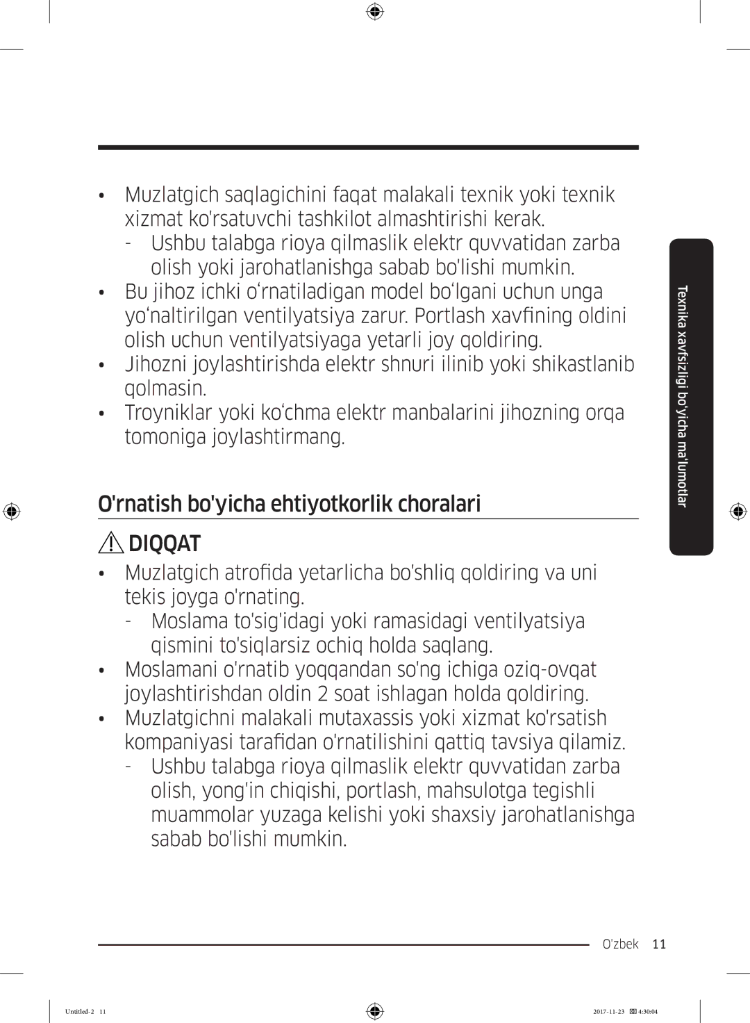 Samsung BRB260030WW/WT, BRB260087WW/WT manual Ornatish boyicha ehtiyotkorlik choralari 