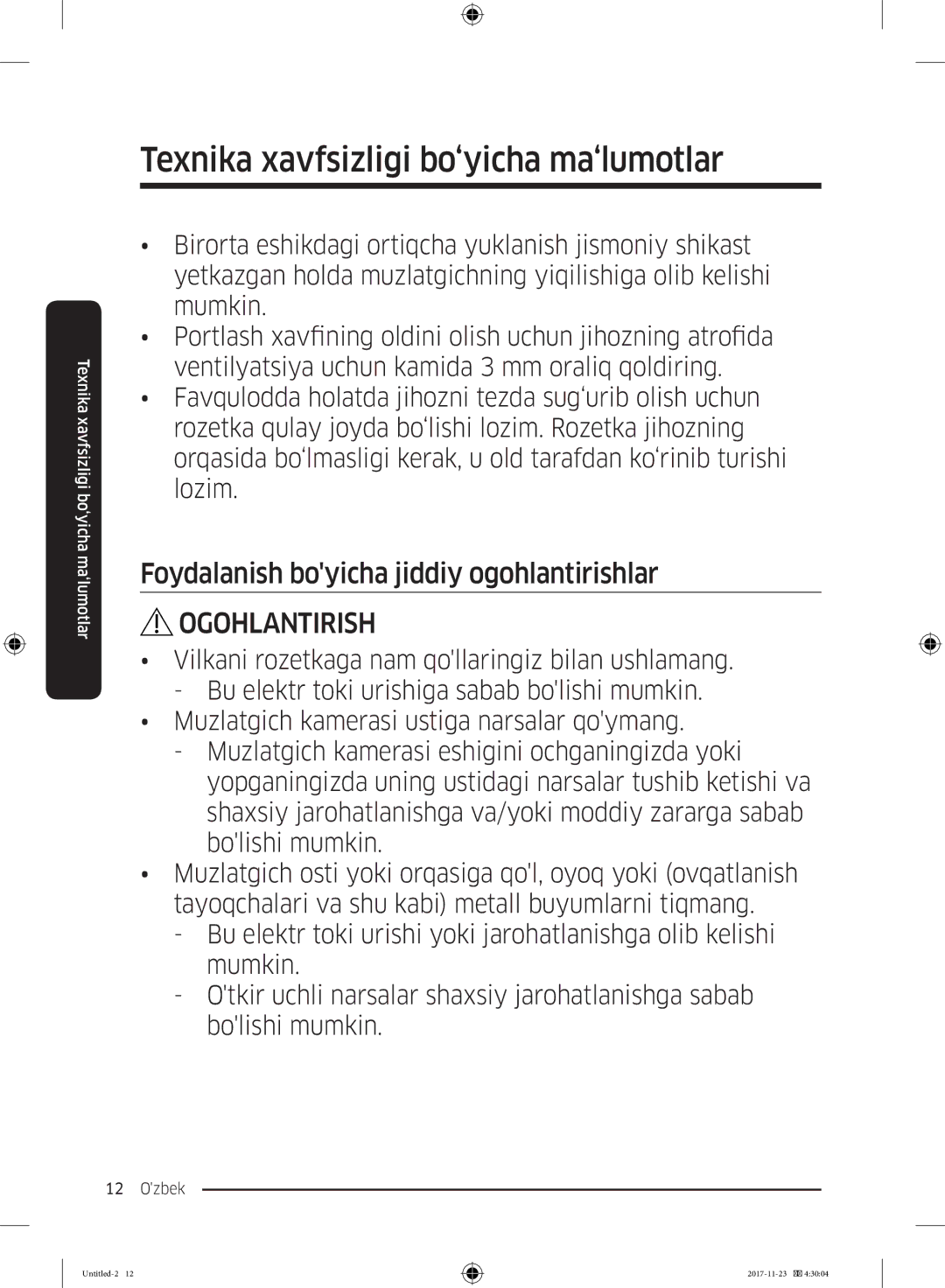 Samsung BRB260087WW/WT, BRB260030WW/WT manual Foydalanish boyicha jiddiy ogohlantirishlar 