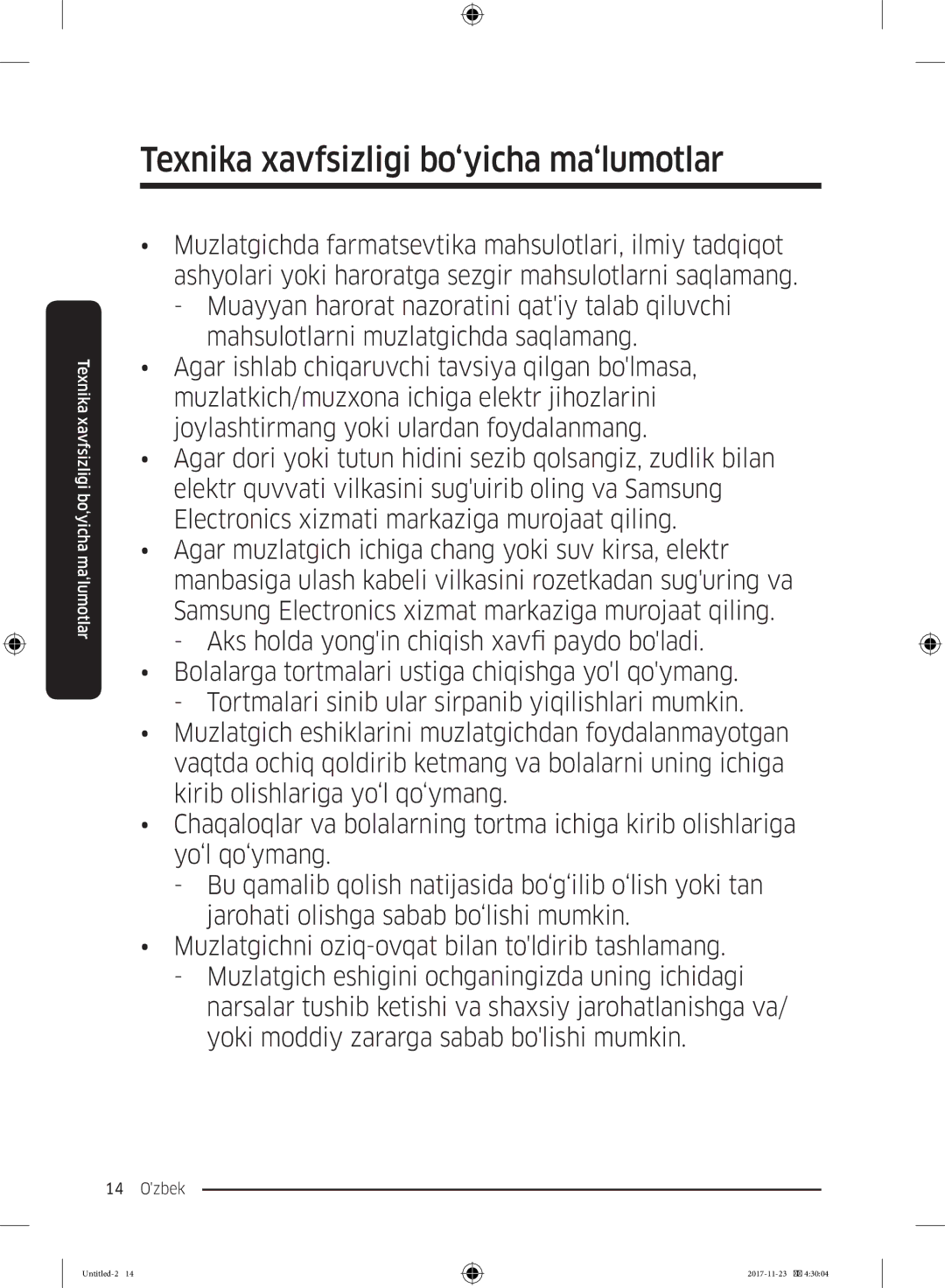 Samsung BRB260087WW/WT, BRB260030WW/WT manual Texnika xavfsizligi bo‘yicha ma‘lumotlar 