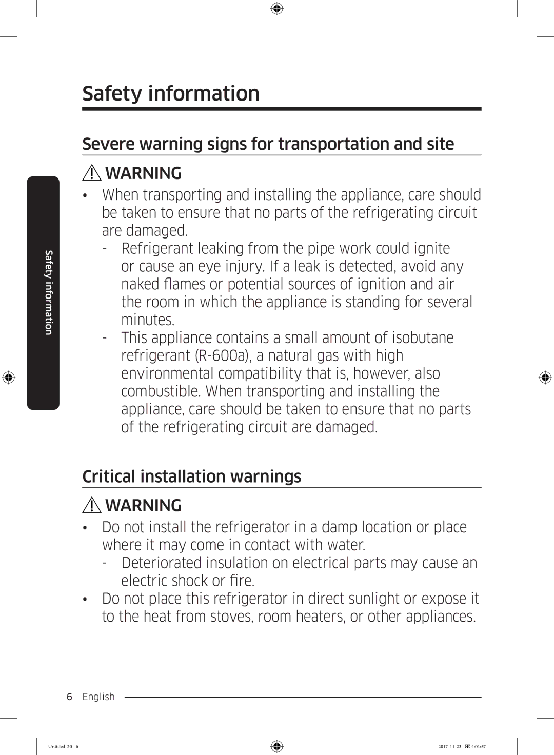 Samsung BRB260176WW/EF, BRB260130WW/EF Severe warning signs for transportation and site, Critical installation warnings 