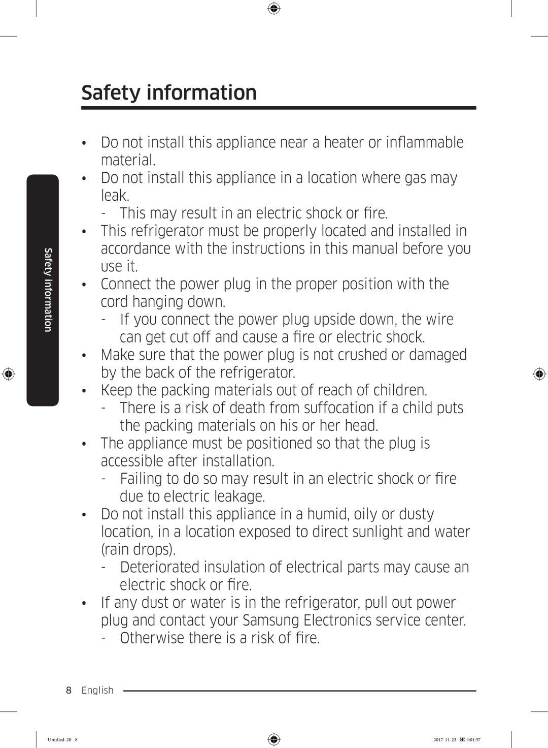 Samsung BRB260130WW/EF, BRB260034WW/EF, BRB260030WW/EF, BRB260176WW/EF, BRB260131WW/EF manual Safety information 