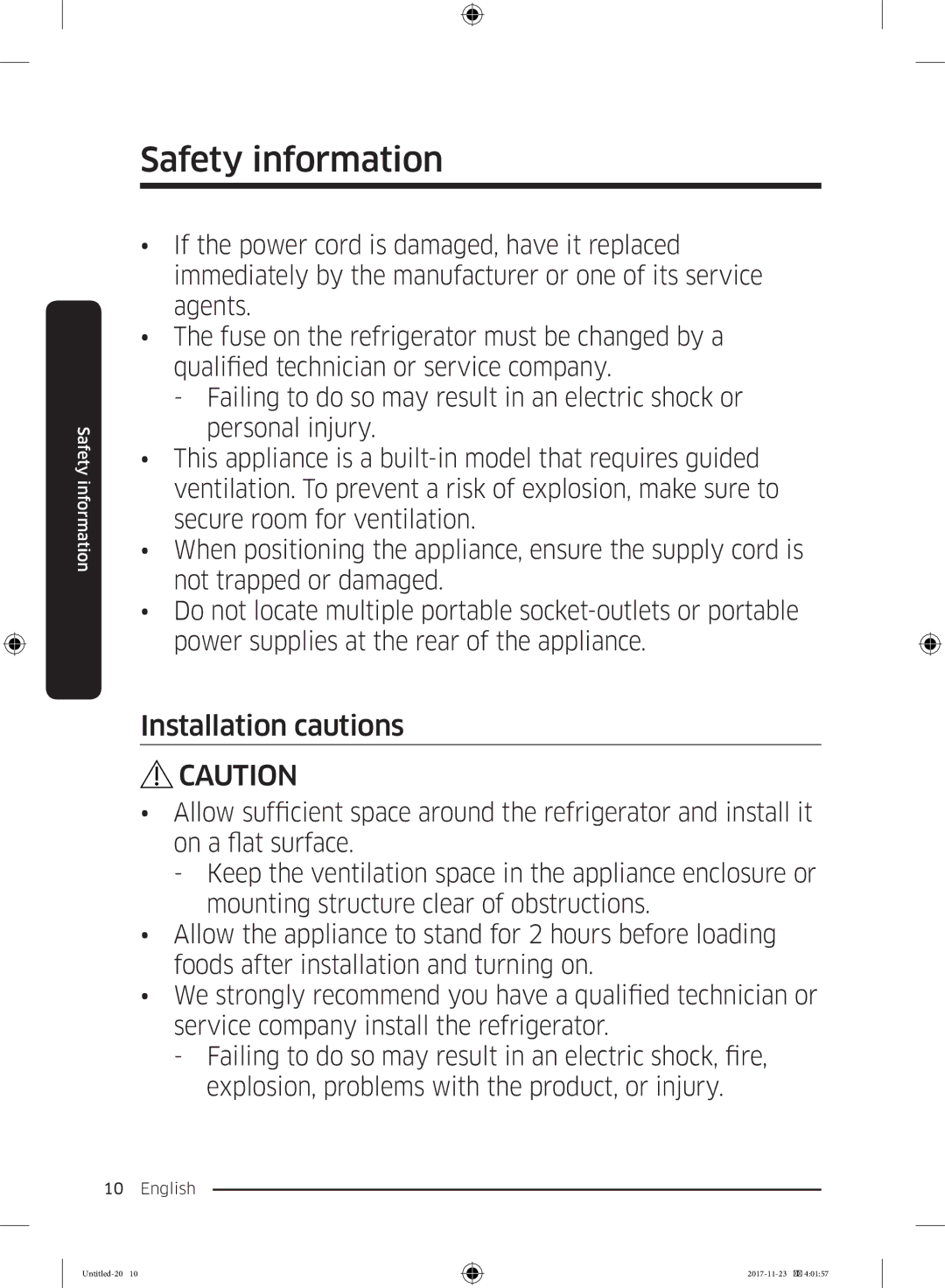 Samsung BRB260030WW/EF, BRB260130WW/EF, BRB260034WW/EF, BRB260176WW/EF, BRB260131WW/EF manual Installation cautions 