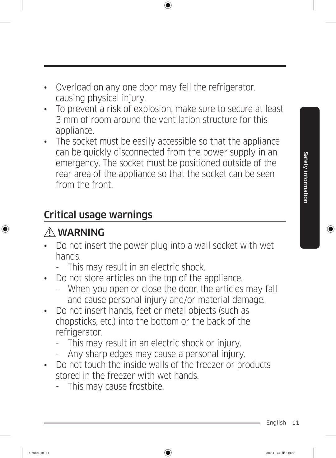 Samsung BRB260176WW/EF, BRB260130WW/EF, BRB260034WW/EF, BRB260030WW/EF, BRB260131WW/EF manual Critical usage warnings 