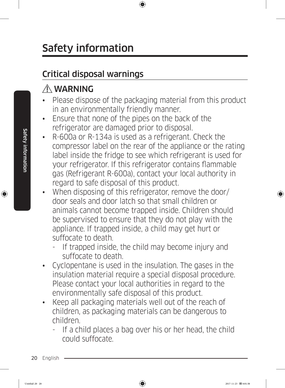 Samsung BRB260030WW/EF, BRB260130WW/EF, BRB260034WW/EF, BRB260176WW/EF, BRB260131WW/EF manual Critical disposal warnings 