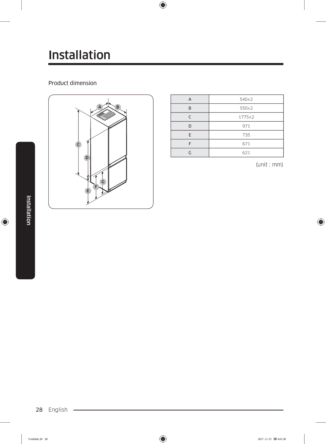 Samsung BRB260130WW/EF, BRB260034WW/EF, BRB260030WW/EF, BRB260176WW/EF, BRB260131WW/EF Product dimension, Unit mm English 