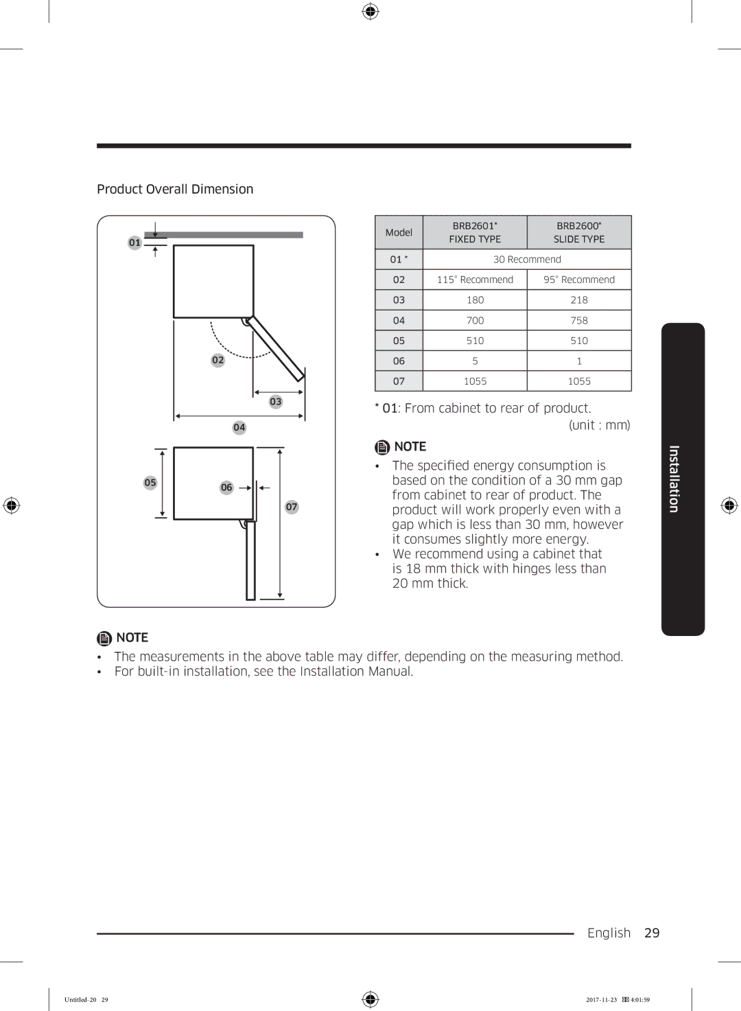 Samsung BRB260034WW/EF, BRB260130WW/EF, BRB260030WW/EF, BRB260176WW/EF, BRB260131WW/EF manual Product Overall Dimension 