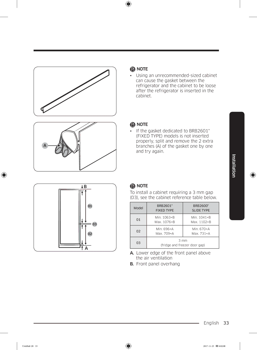 Samsung BRB260130WW/EF, BRB260034WW/EF, BRB260030WW/EF manual Min +B Max +B Min +A Max +A Fridge and freezer door gap 