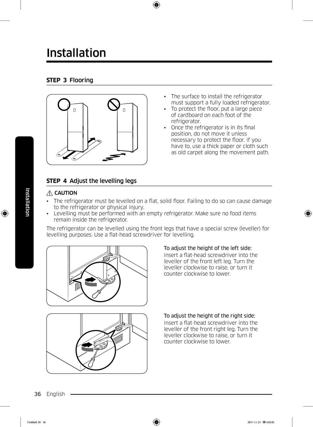 Samsung BRB260176WW/EF, BRB260130WW/EF, BRB260034WW/EF, BRB260030WW/EF, BRB260131WW/EF Flooring, Adjust the levelling legs 