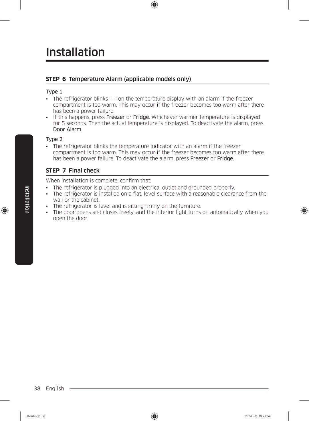 Samsung BRB260130WW/EF, BRB260034WW/EF, BRB260030WW/EF, BRB260176WW/EF Temperature Alarm applicable models only, Final check 