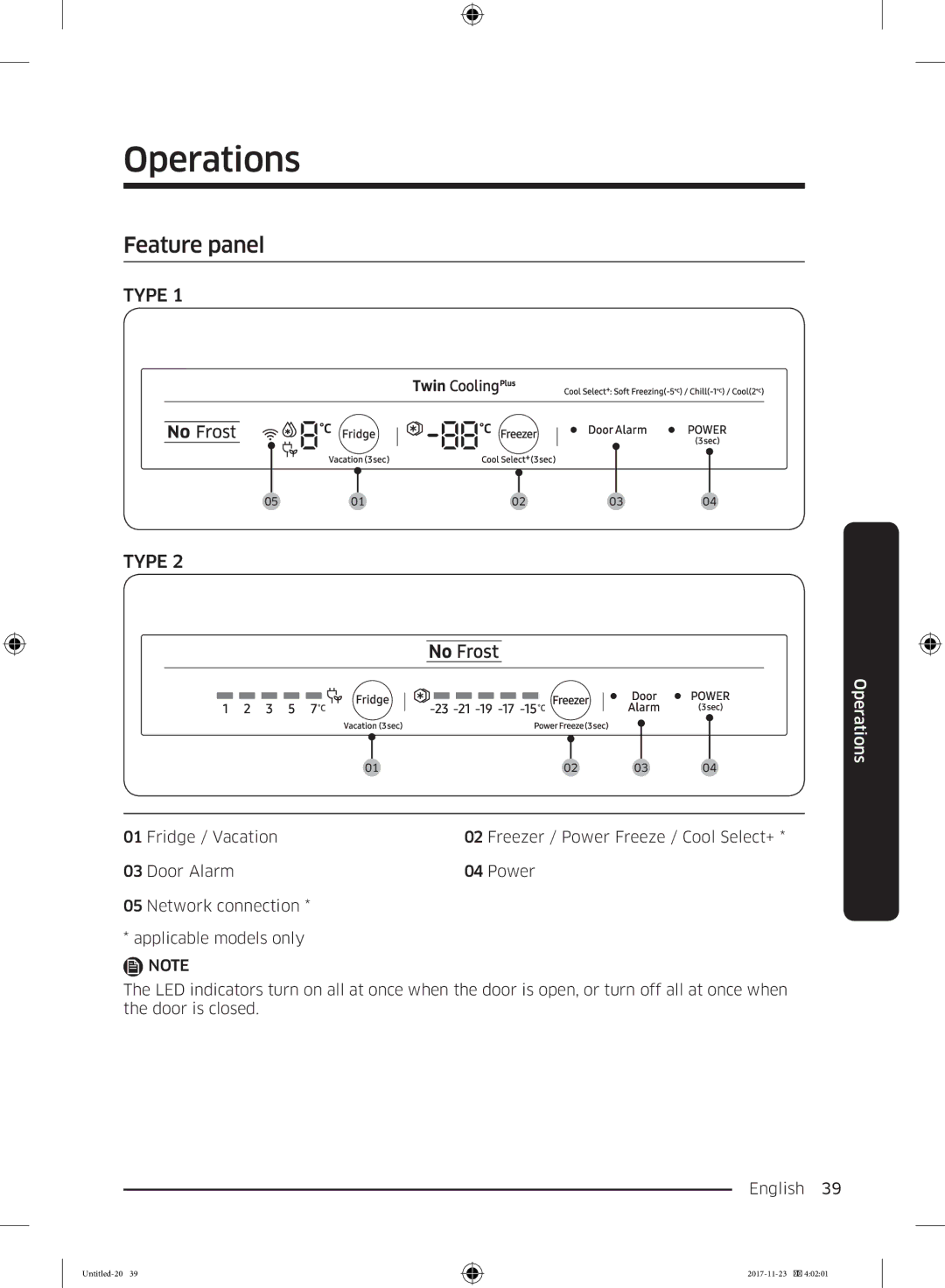 Samsung BRB260034WW/EF, BRB260130WW/EF, BRB260030WW/EF, BRB260176WW/EF, BRB260131WW/EF manual Operations, Feature panel 