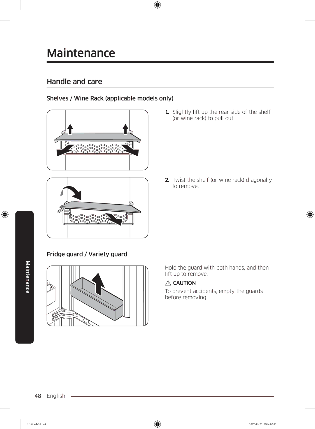 Samsung BRB260130WW/EF, BRB260034WW/EF manual Maintenance, Handle and care, Shelves / Wine Rack applicable models only 