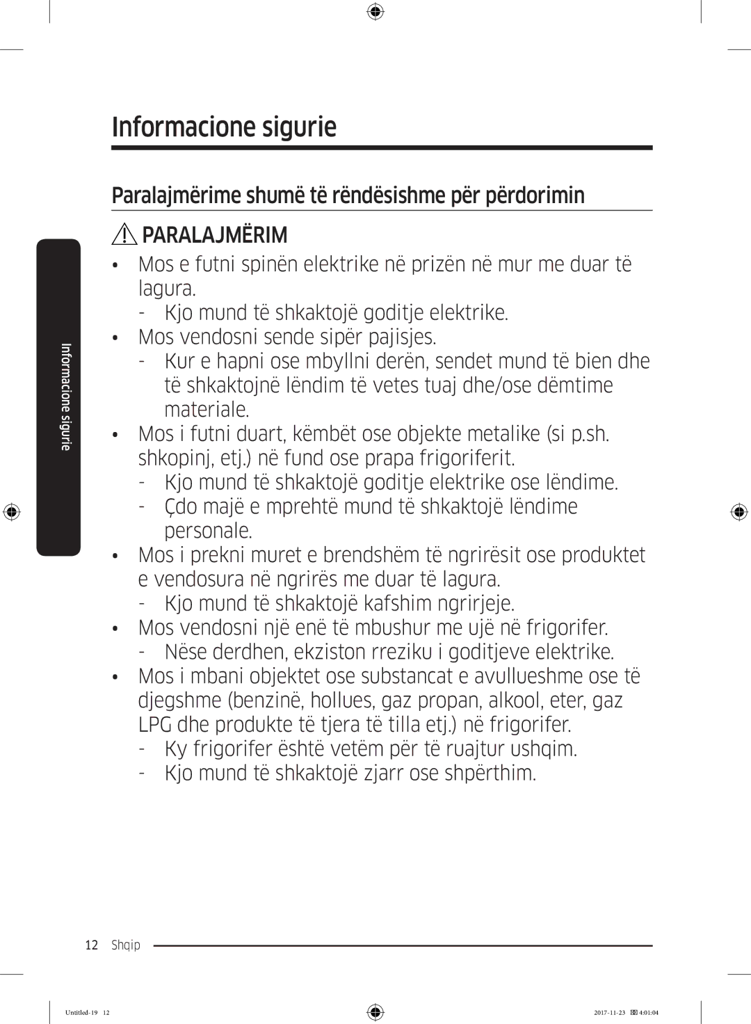 Samsung BRB260130WW/EF, BRB260034WW/EF, BRB260030WW/EF, BRB260176WW/EF Paralajmërime shumë të rëndësishme për përdorimin 