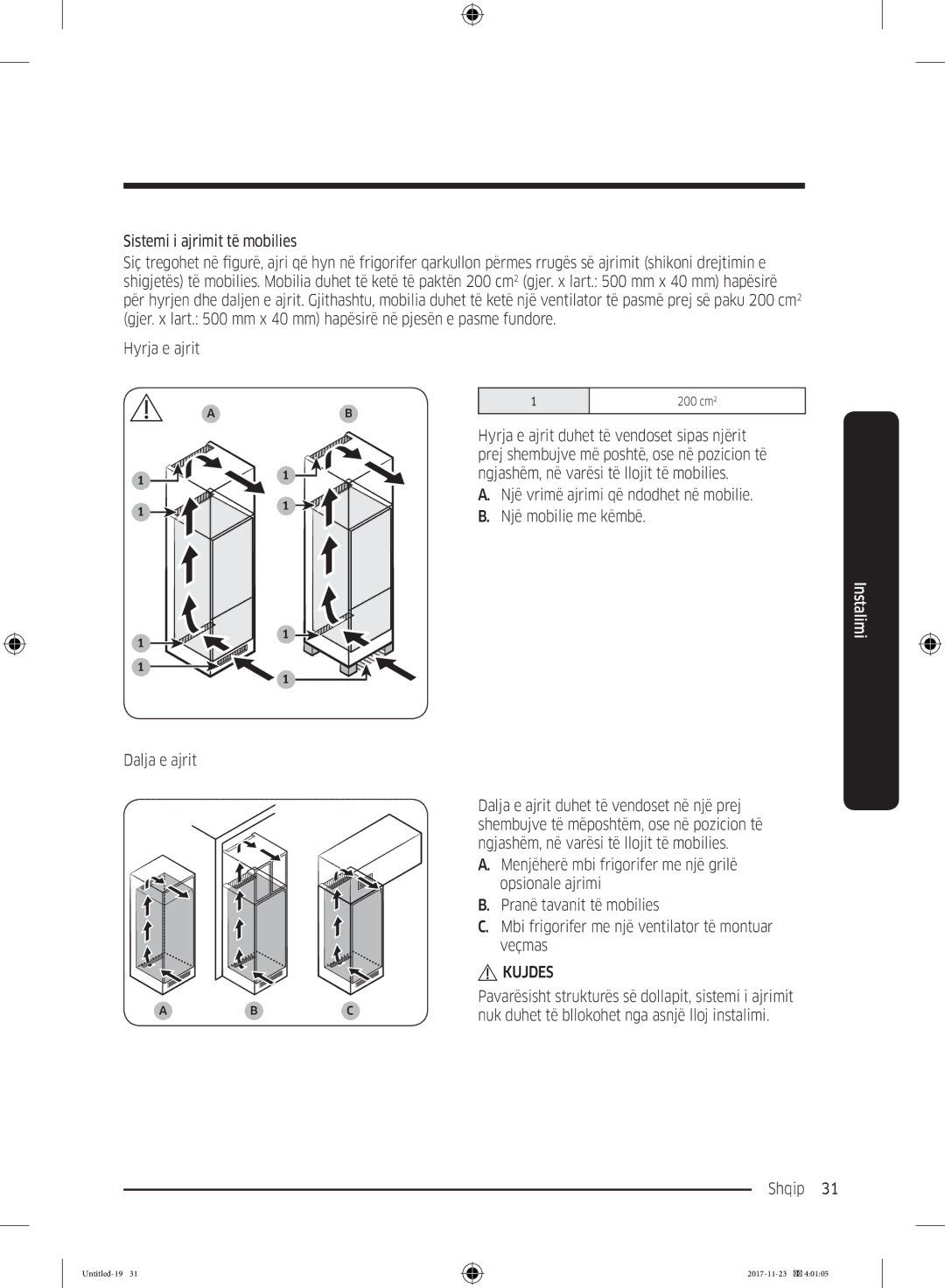 Samsung BRB260131WW/EF, BRB260130WW/EF manual Një vrimë ajrimi që ndodhet në mobilie Një mobilie me këmbë, Dalja e ajrit 