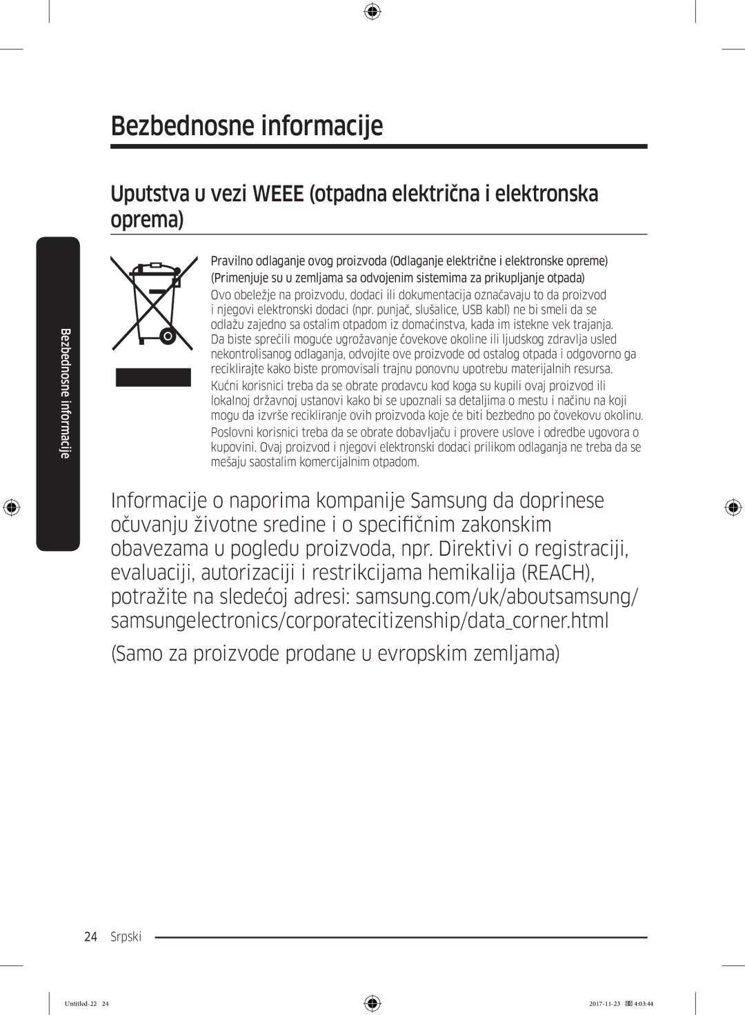 Samsung BRB260131WW/EF, BRB260130WW/EF, BRB260034WW/EF manual Uputstva u vezi Weee otpadna električna i elektronska oprema 