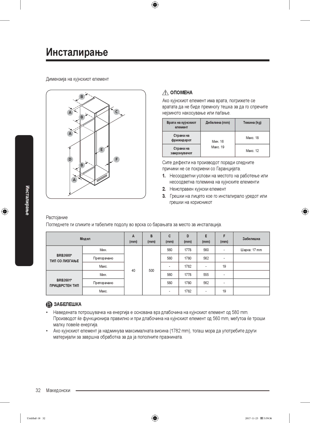 Samsung BRB260130WW/EF, BRB260034WW/EF, BRB260030WW/EF, BRB260176WW/EF manual Димензија на кујнскиот елемент, 32 Македонски 