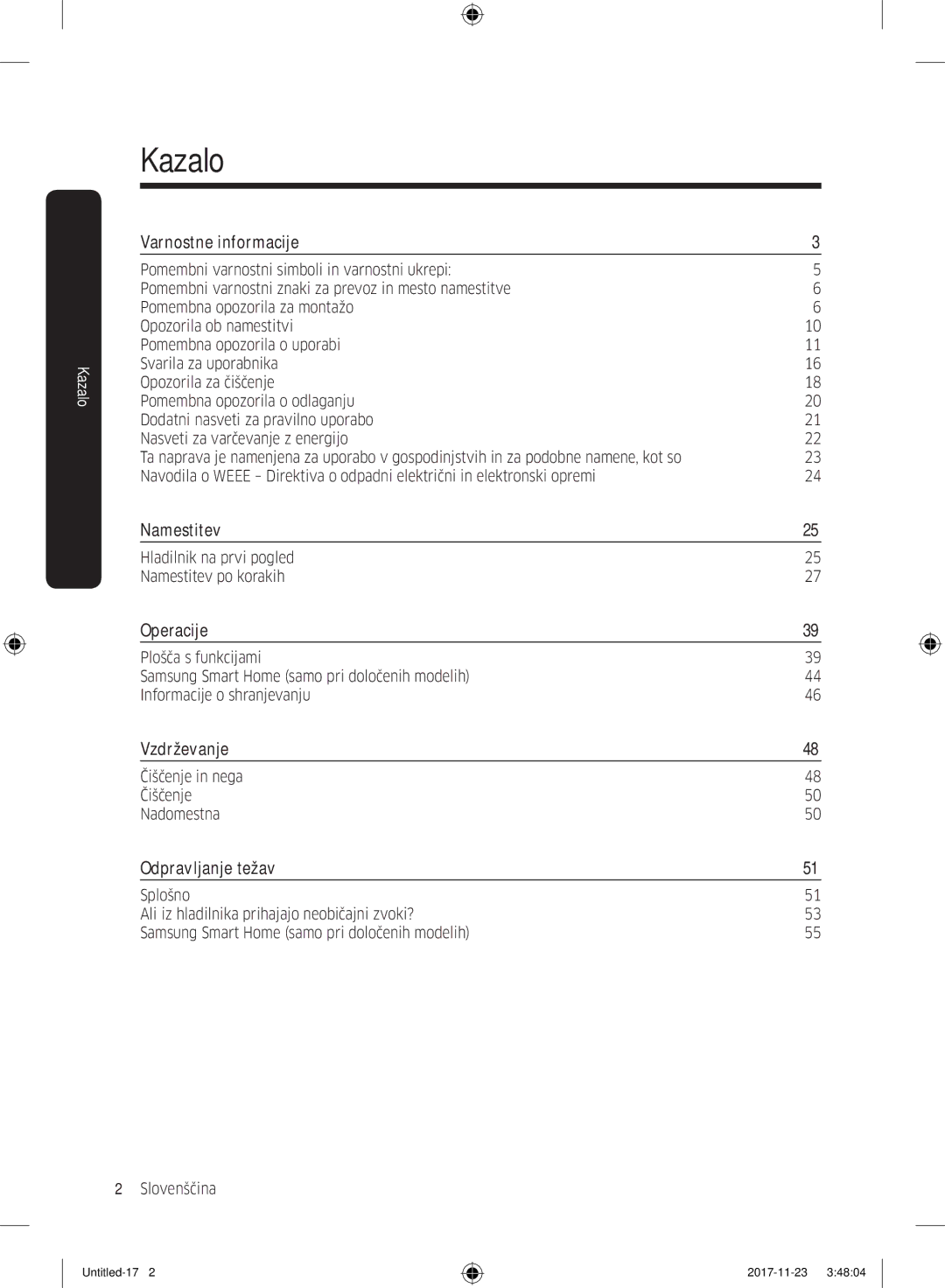 Samsung BRB260130WW/EF, BRB260034WW/EF manual Kazalo, Varnostne informacije, Namestitev, Vzdrževanje, Odpravljanje težav 