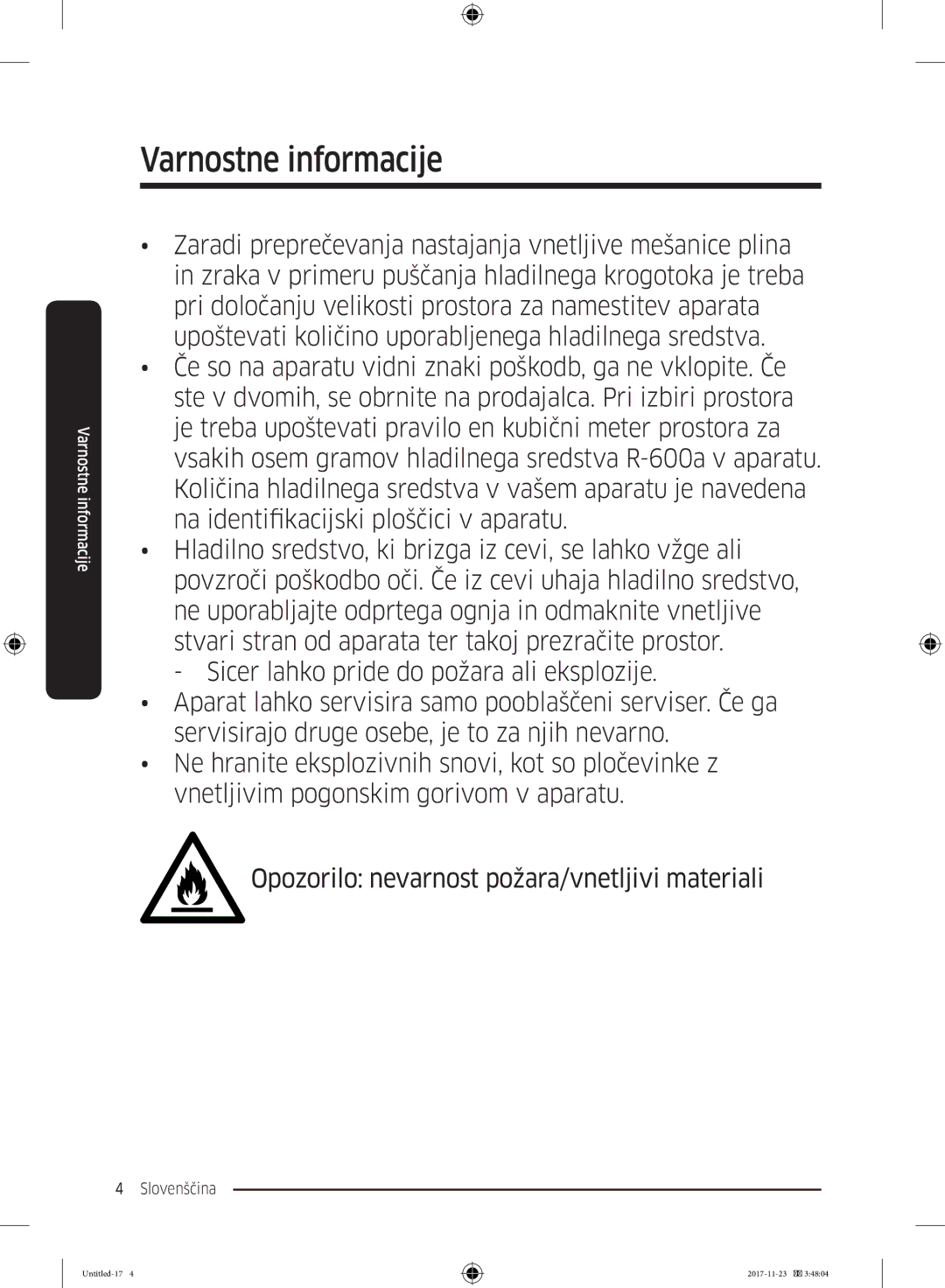 Samsung BRB260030WW/EF, BRB260130WW/EF, BRB260034WW/EF, BRB260176WW/EF, BRB260131WW/EF manual Varnostne informacije 