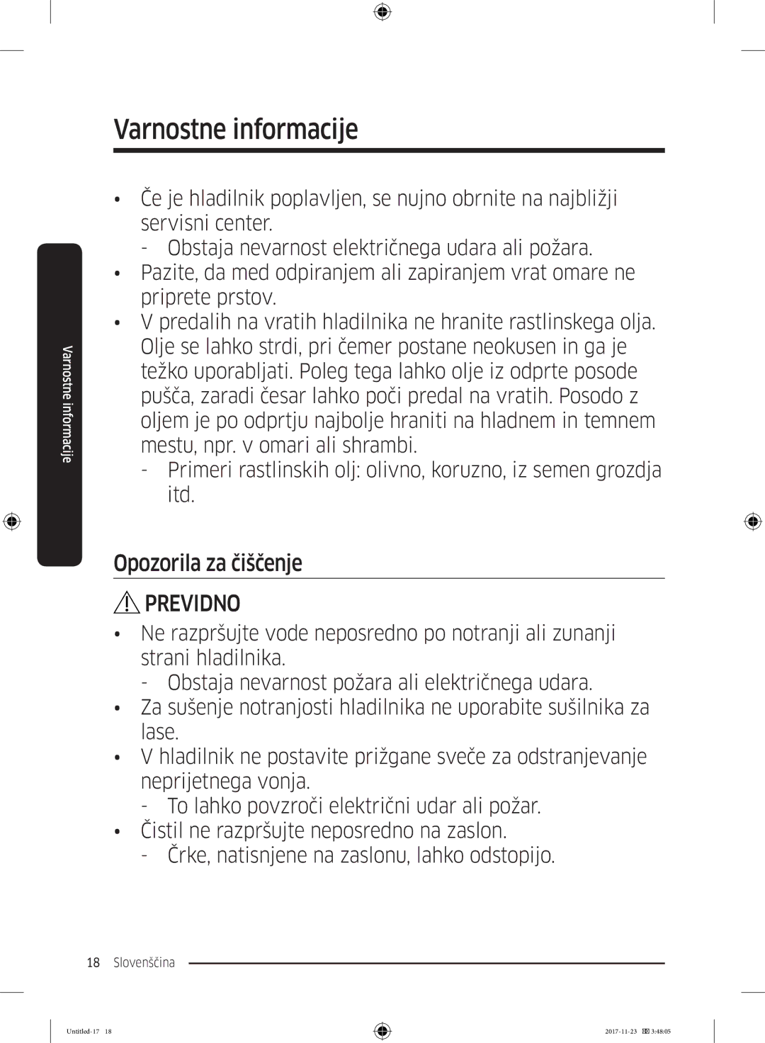 Samsung BRB260034WW/EF, BRB260130WW/EF, BRB260030WW/EF, BRB260176WW/EF, BRB260131WW/EF manual Opozorila za čiščenje 