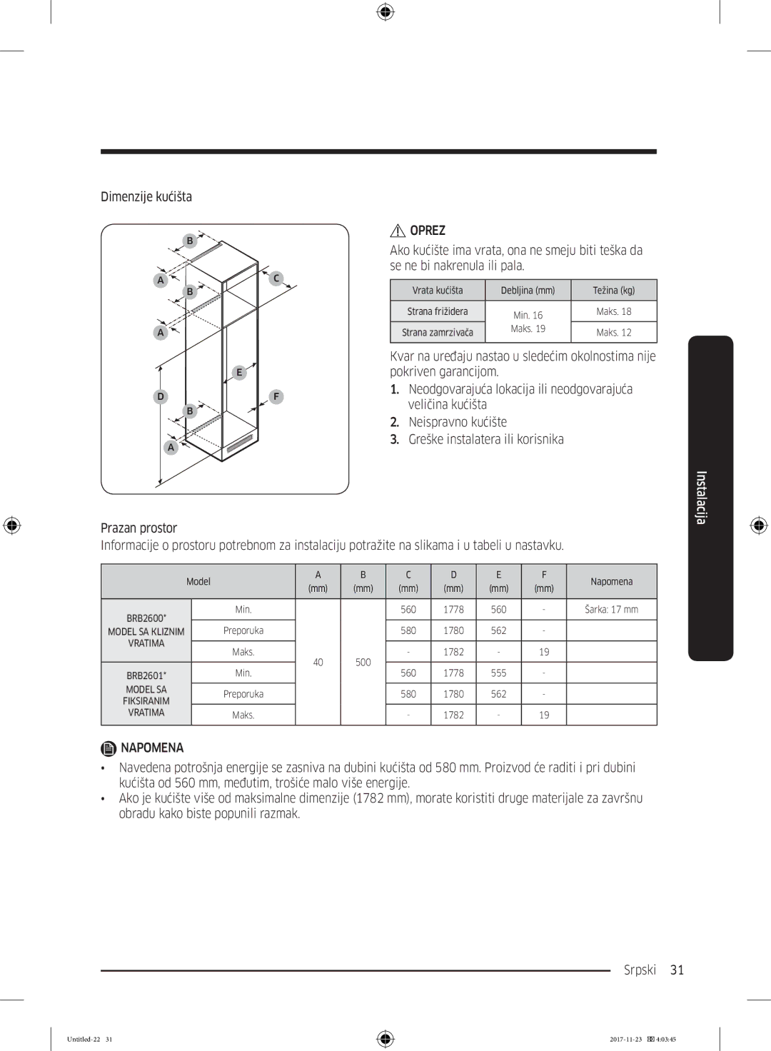 Samsung BRB260034WW/EF, BRB260130WW/EF, BRB260030WW/EF, BRB260176WW/EF, BRB260131WW/EF manual Dimenzije kućišta 