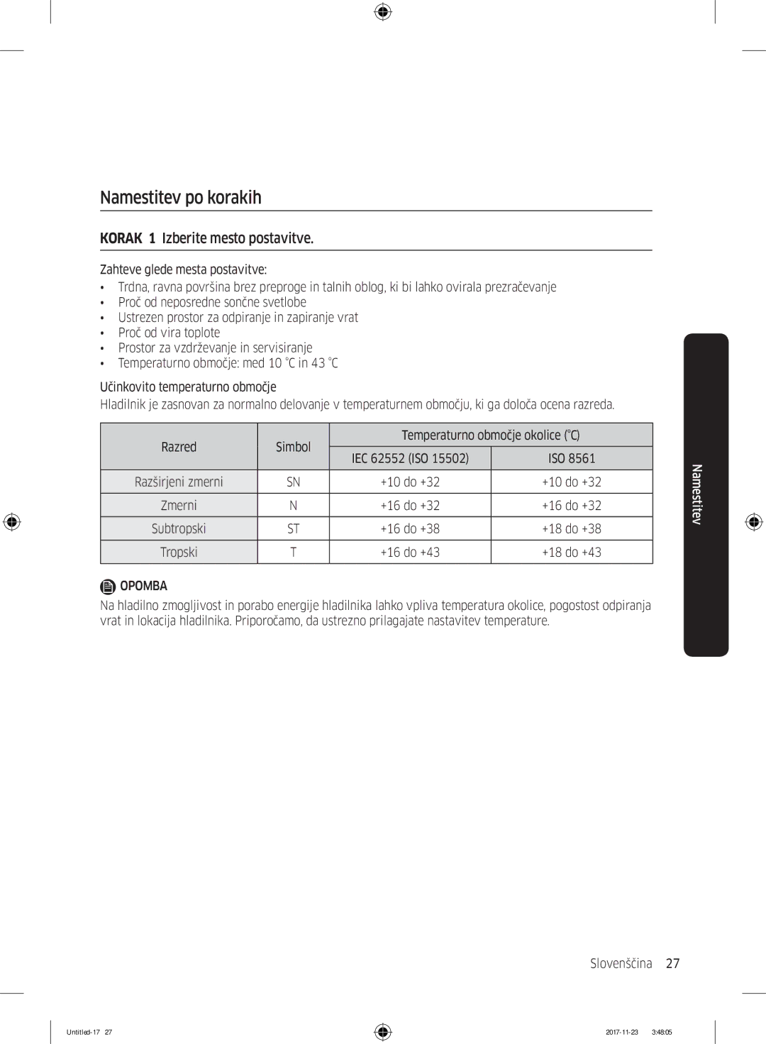 Samsung BRB260130WW/EF, BRB260034WW/EF, BRB260030WW/EF manual Namestitev po korakih, Korak 1 Izberite mesto postavitve 