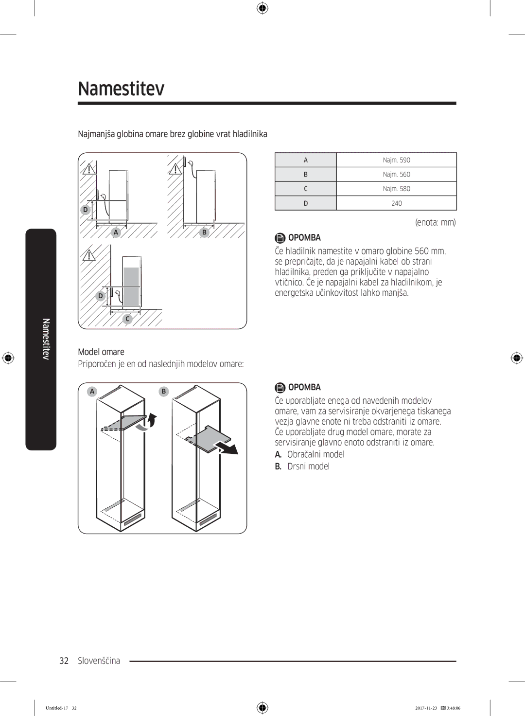 Samsung BRB260130WW/EF manual Najmanjša globina omare brez globine vrat hladilnika, Obračalni model Drsni model Slovenščina 