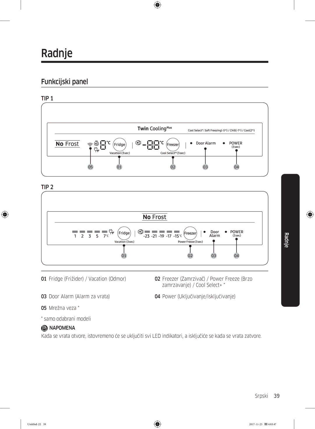 Samsung BRB260131WW/EF manual Radnje, Funkcijski panel, Fridge Frižider / Vacation Odmor, Zamrzavanje / Cool Select+ 