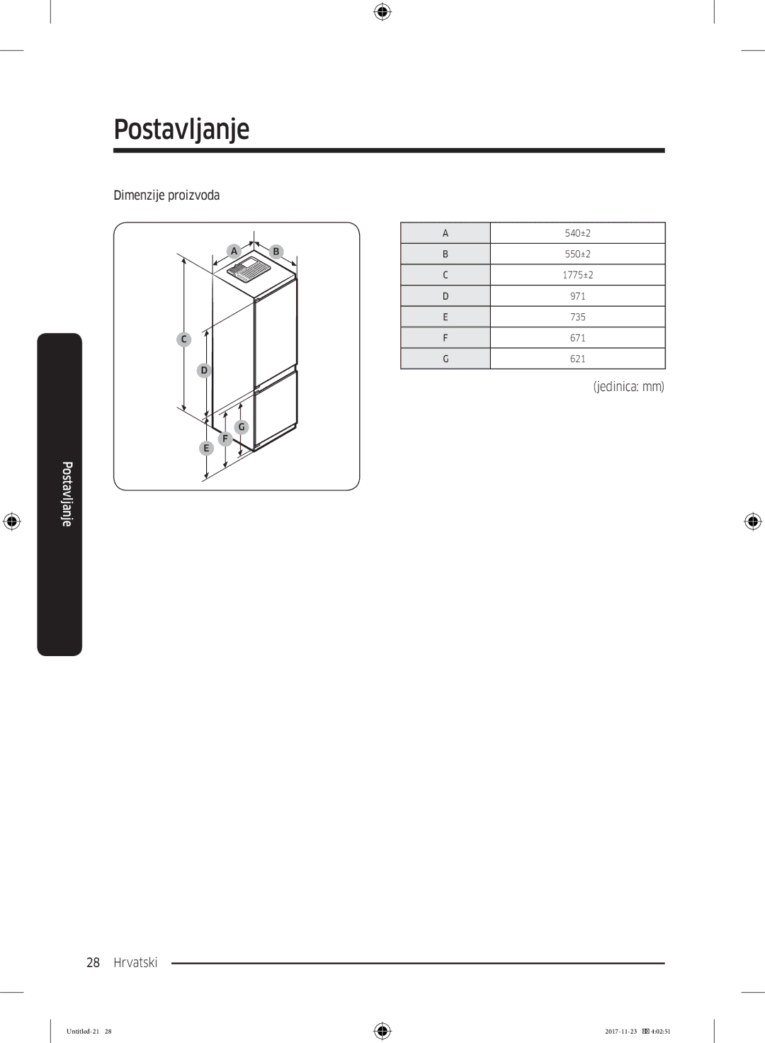 Samsung BRB260131WW/EF, BRB260130WW/EF, BRB260034WW/EF, BRB260030WW/EF manual Dimenzije proizvoda, Jedinica mm Hrvatski 