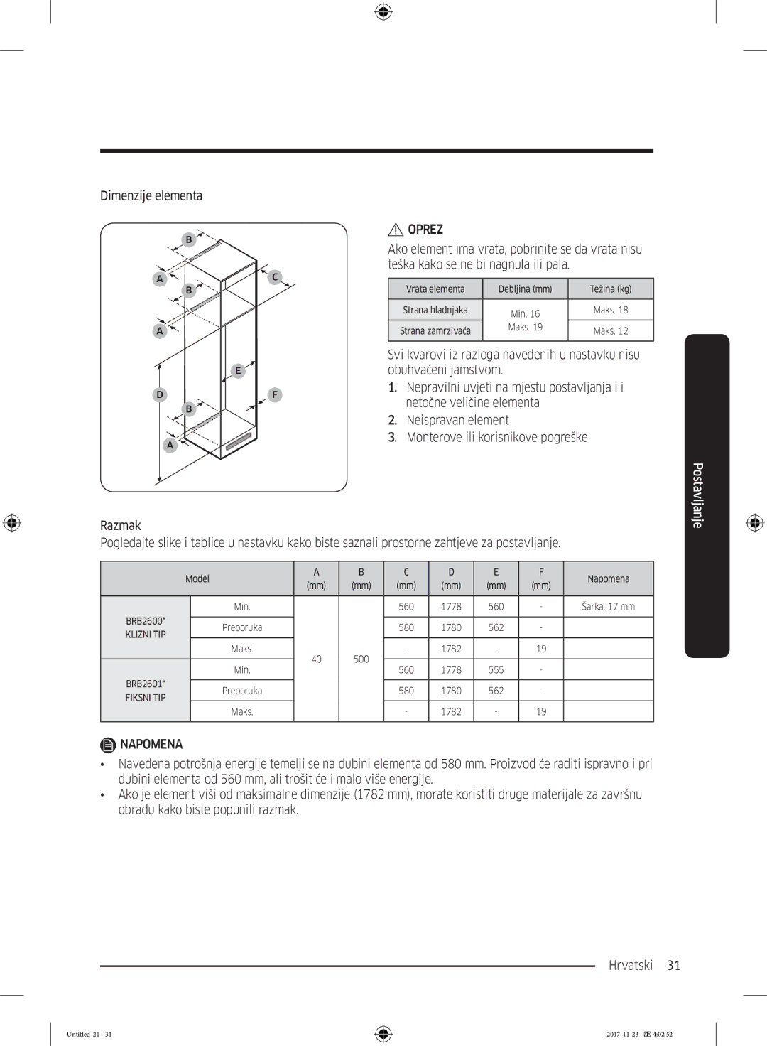 Samsung BRB260030WW/EF, BRB260130WW/EF, BRB260034WW/EF, BRB260176WW/EF, BRB260131WW/EF manual Dimenzije elementa 