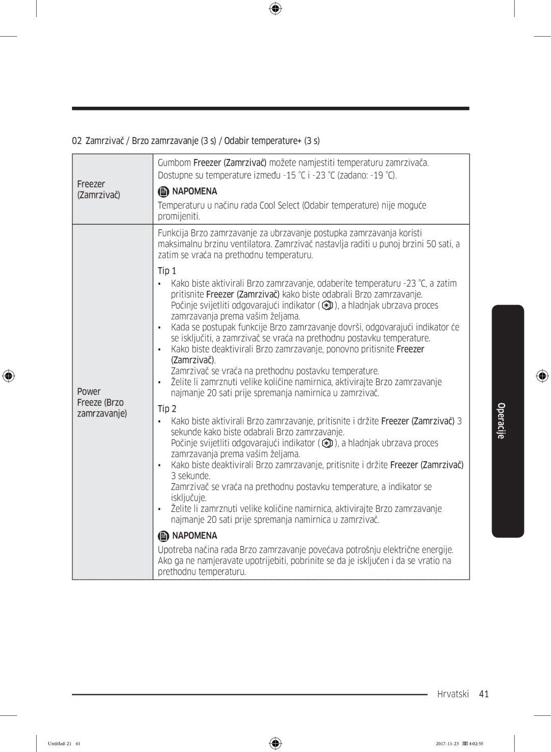 Samsung BRB260030WW/EF, BRB260130WW/EF, BRB260034WW/EF manual Zamrzivač, Sekunde kako biste odabrali Brzo zamrzavanje 