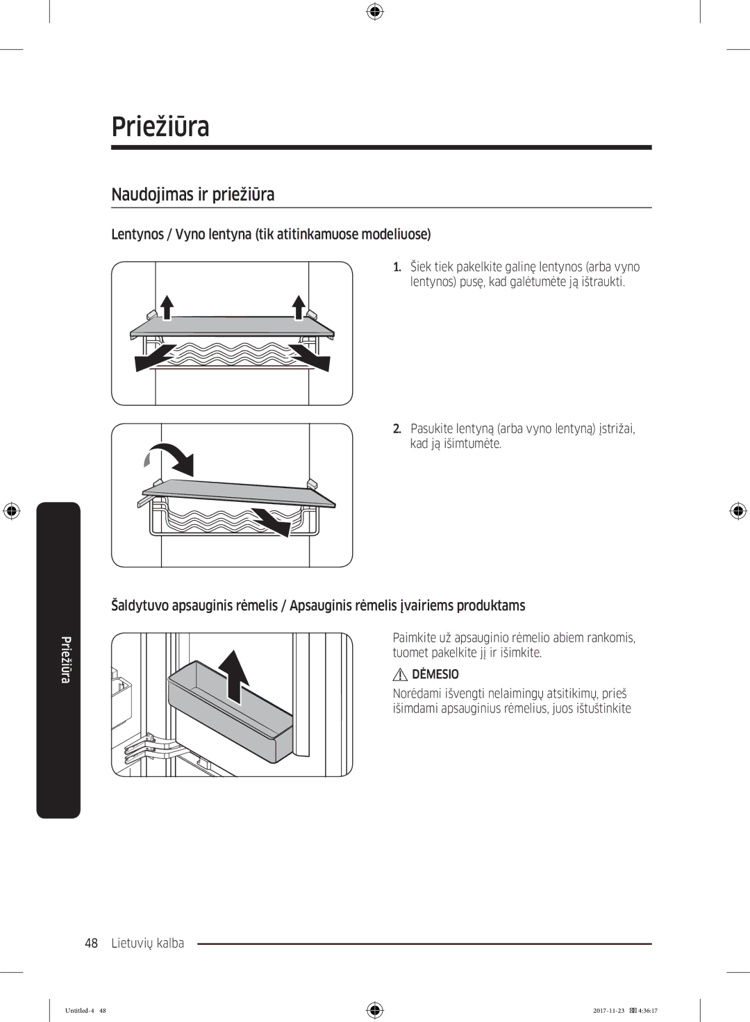 Samsung BRB260176WW/EF manual Priežiūra, Naudojimas ir priežiūra, Lentynos / Vyno lentyna tik atitinkamuose modeliuose 