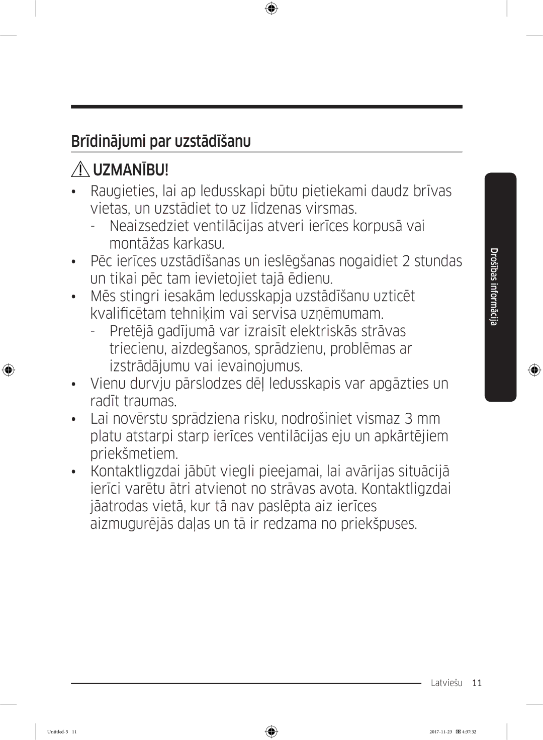 Samsung BRB260030WW/EF, BRB260189WW/EF, BRB260076WW/EF, BRB260035WW/EF, BRB260176WW/EF manual Brīdinājumi par uzstādīšanu 