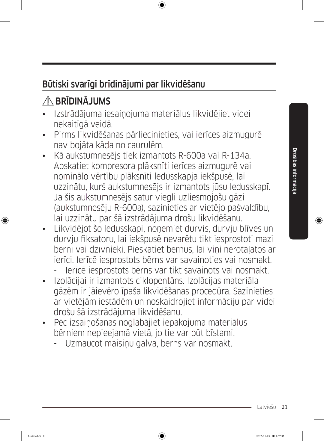 Samsung BRB260030WW/EF, BRB260189WW/EF, BRB260076WW/EF, BRB260035WW/EF manual Būtiski svarīgi brīdinājumi par likvidēšanu 