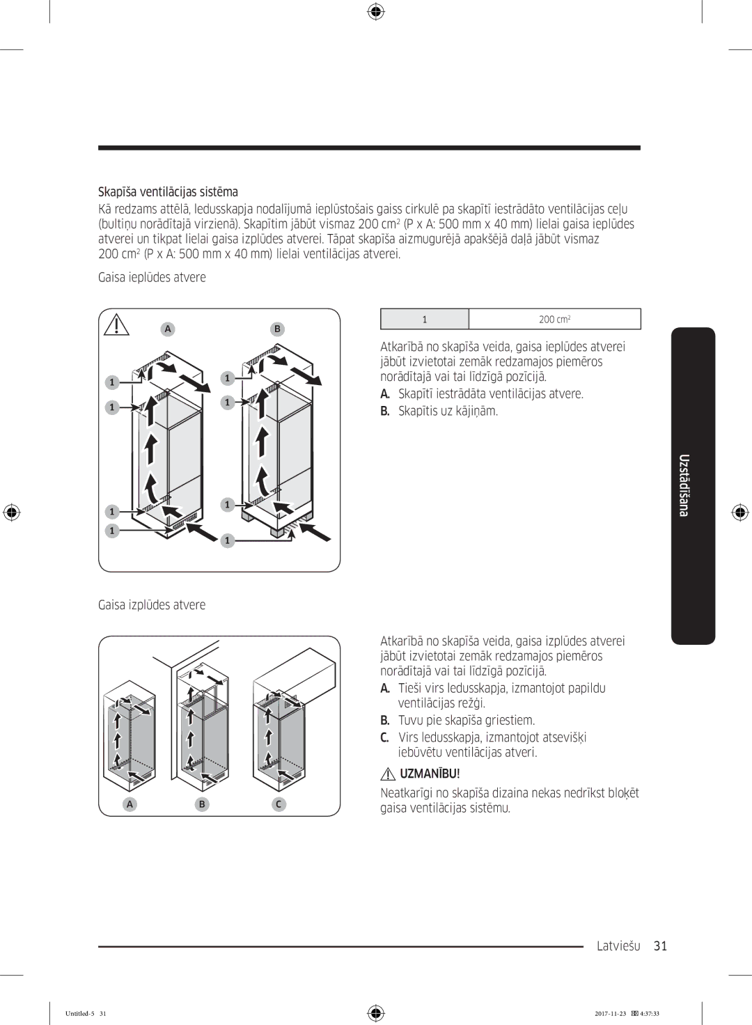 Samsung BRB260030WW/EF, BRB260189WW/EF, BRB260076WW/EF, BRB260035WW/EF Skapīša ventilācijas sistēma, Gaisa izplūdes atvere 