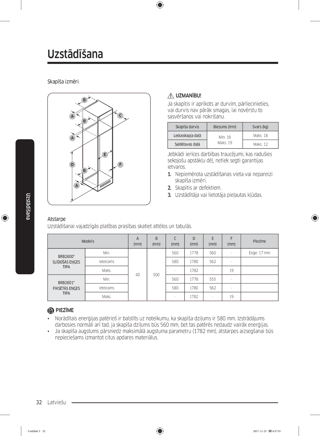 Samsung BRB260176WW/EF, BRB260189WW/EF, BRB260076WW/EF, BRB260035WW/EF, BRB260030WW/EF manual Skapīša izmēri 