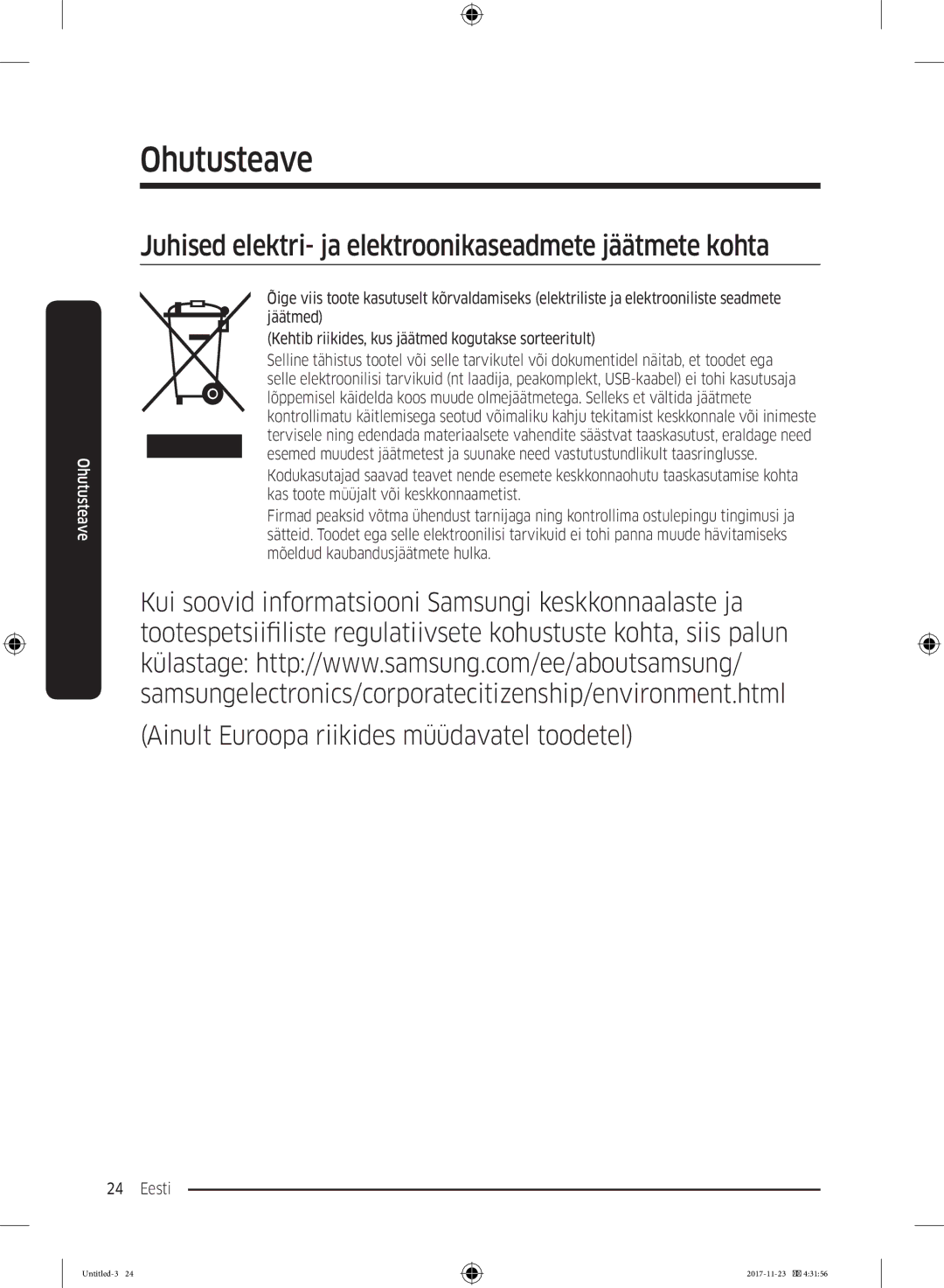 Samsung BRB260176WW/EF, BRB260189WW/EF, BRB260076WW/EF manual Juhised elektri- ja elektroonikaseadmete jäätmete kohta 