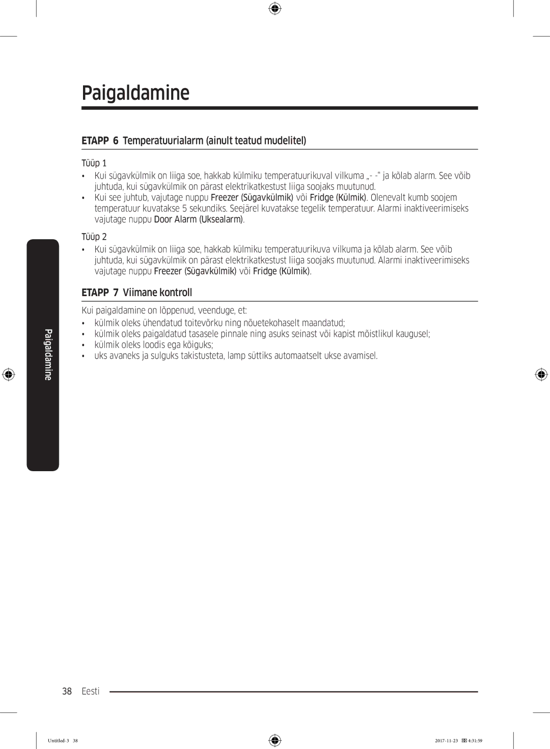 Samsung BRB260030WW/EF, BRB260189WW/EF manual Etapp 6 Temperatuurialarm ainult teatud mudelitel, Etapp 7 Viimane kontroll 