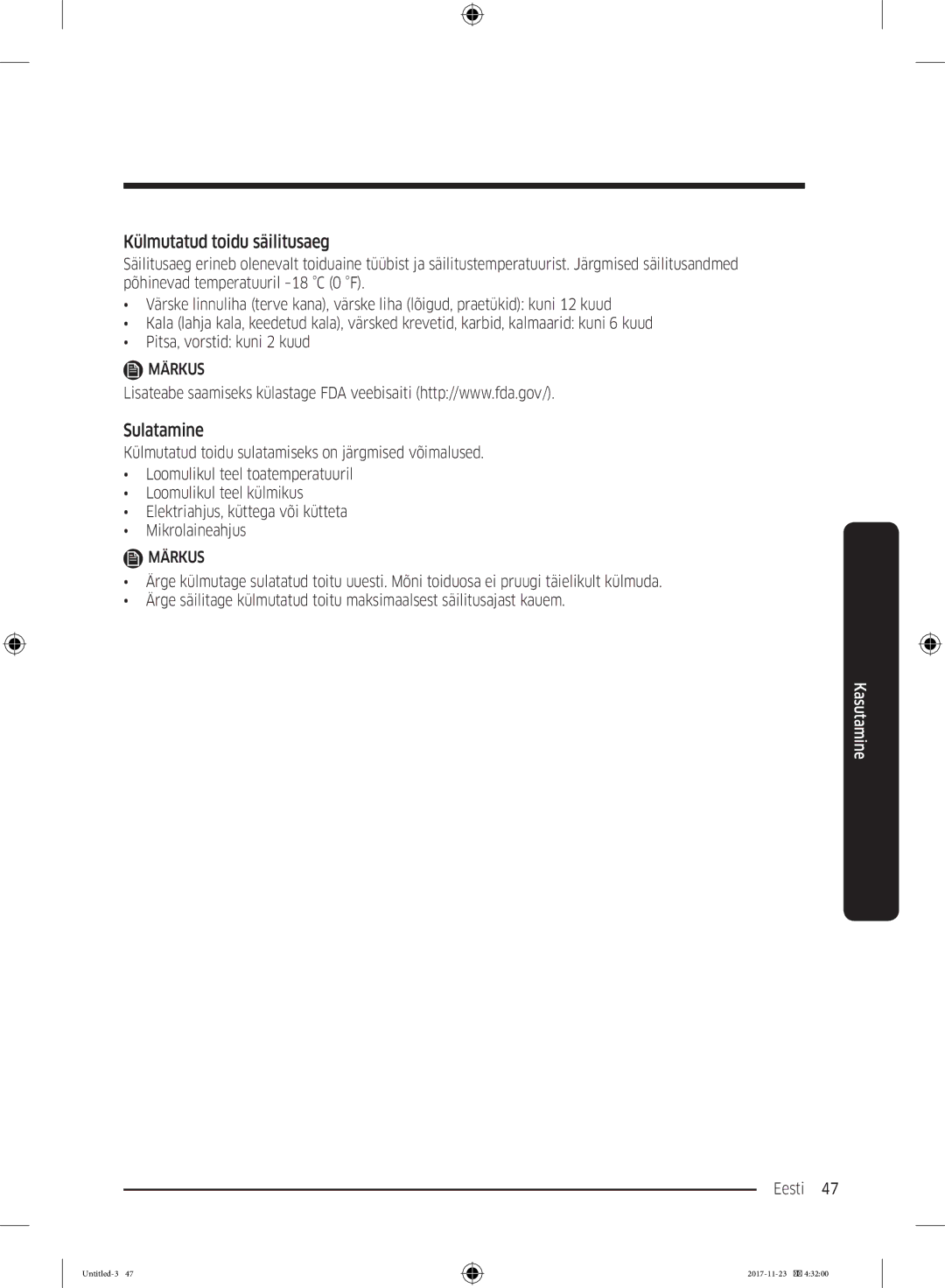 Samsung BRB260035WW/EF, BRB260189WW/EF, BRB260076WW/EF, BRB260030WW/EF manual Külmutatud toidu säilitusaeg, Sulatamine 