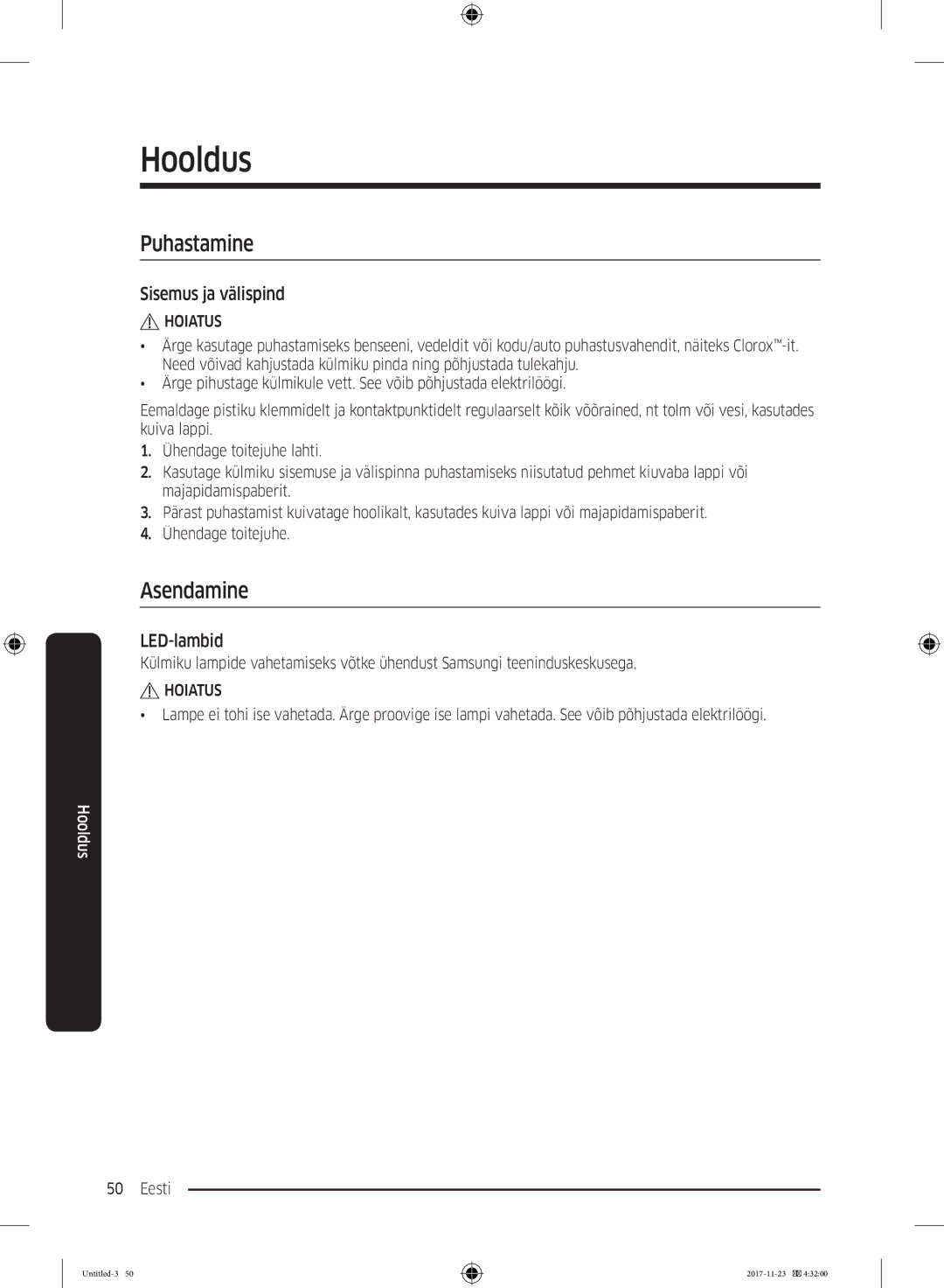 Samsung BRB260189WW/EF, BRB260076WW/EF, BRB260035WW/EF manual Puhastamine, Asendamine, Sisemus ja välispind, LED-lambid 