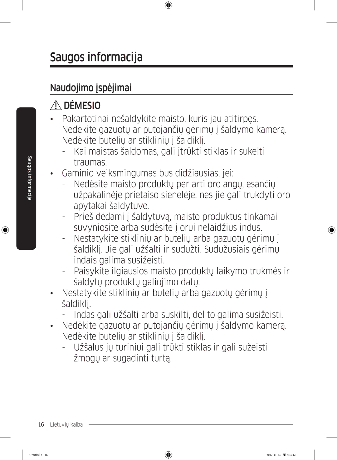 Samsung BRB260035WW/EF, BRB260189WW/EF, BRB260076WW/EF, BRB260030WW/EF, BRB260176WW/EF manual Naudojimo įspėjimai 