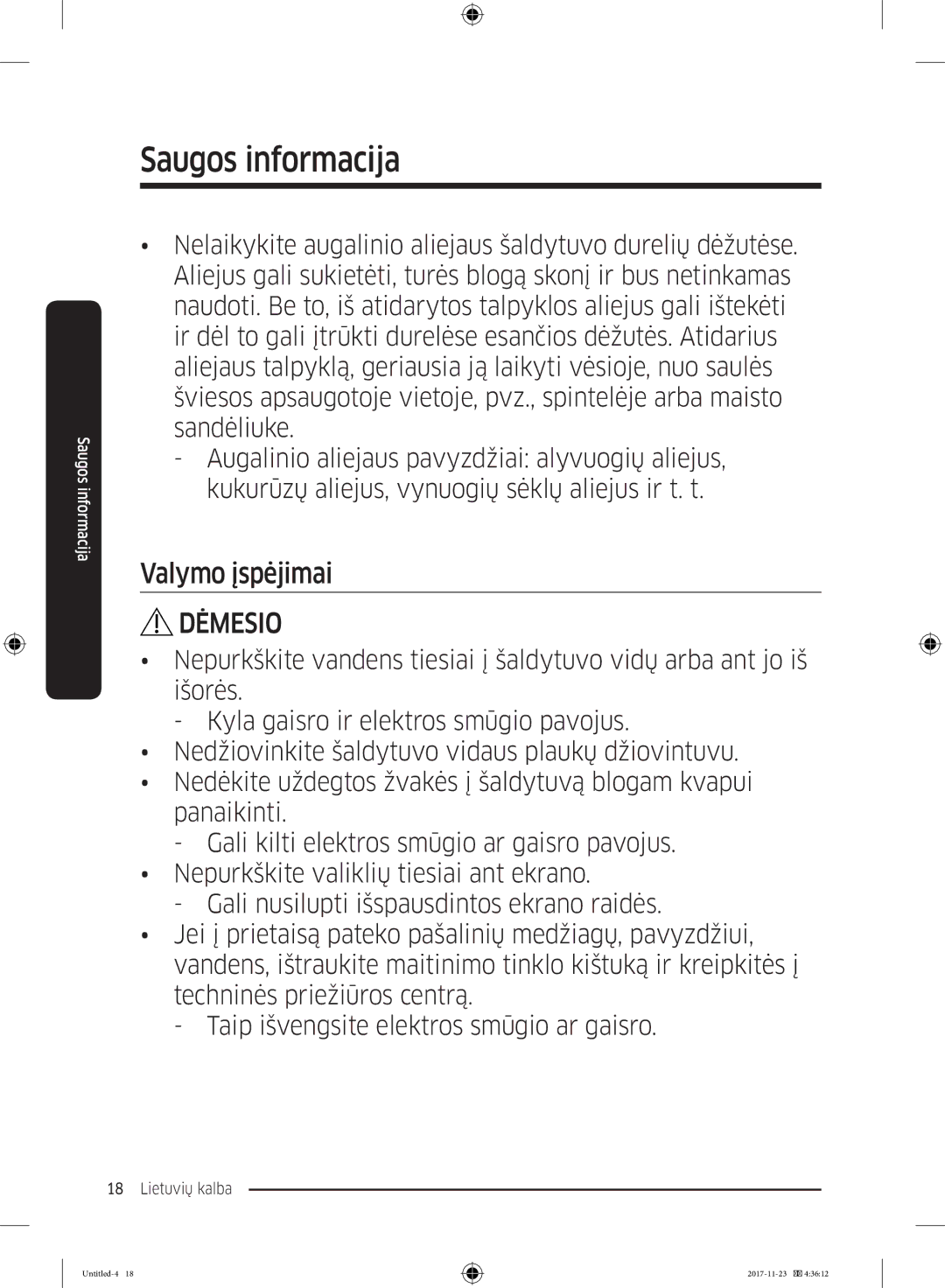 Samsung BRB260176WW/EF, BRB260189WW/EF, BRB260076WW/EF, BRB260035WW/EF, BRB260030WW/EF manual Valymo įspėjimai 