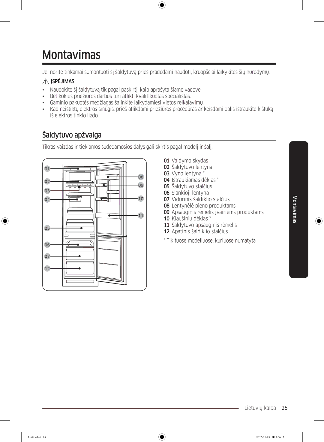 Samsung BRB260076WW/EF, BRB260189WW/EF, BRB260035WW/EF, BRB260030WW/EF, BRB260176WW/EF manual Montavimas, Šaldytuvo apžvalga 