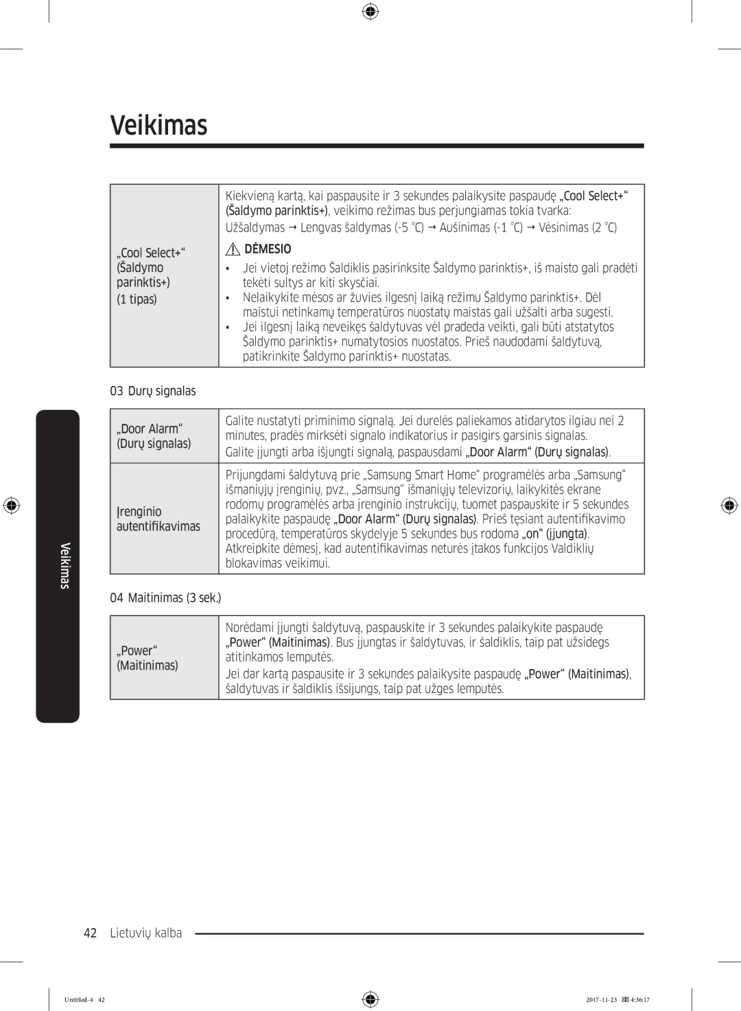 Samsung BRB260030WW/EF, BRB260189WW/EF manual Durų signalas „Door Alarm, Įrenginio, „Power, Atitinkamos lemputės, Maitinimas 